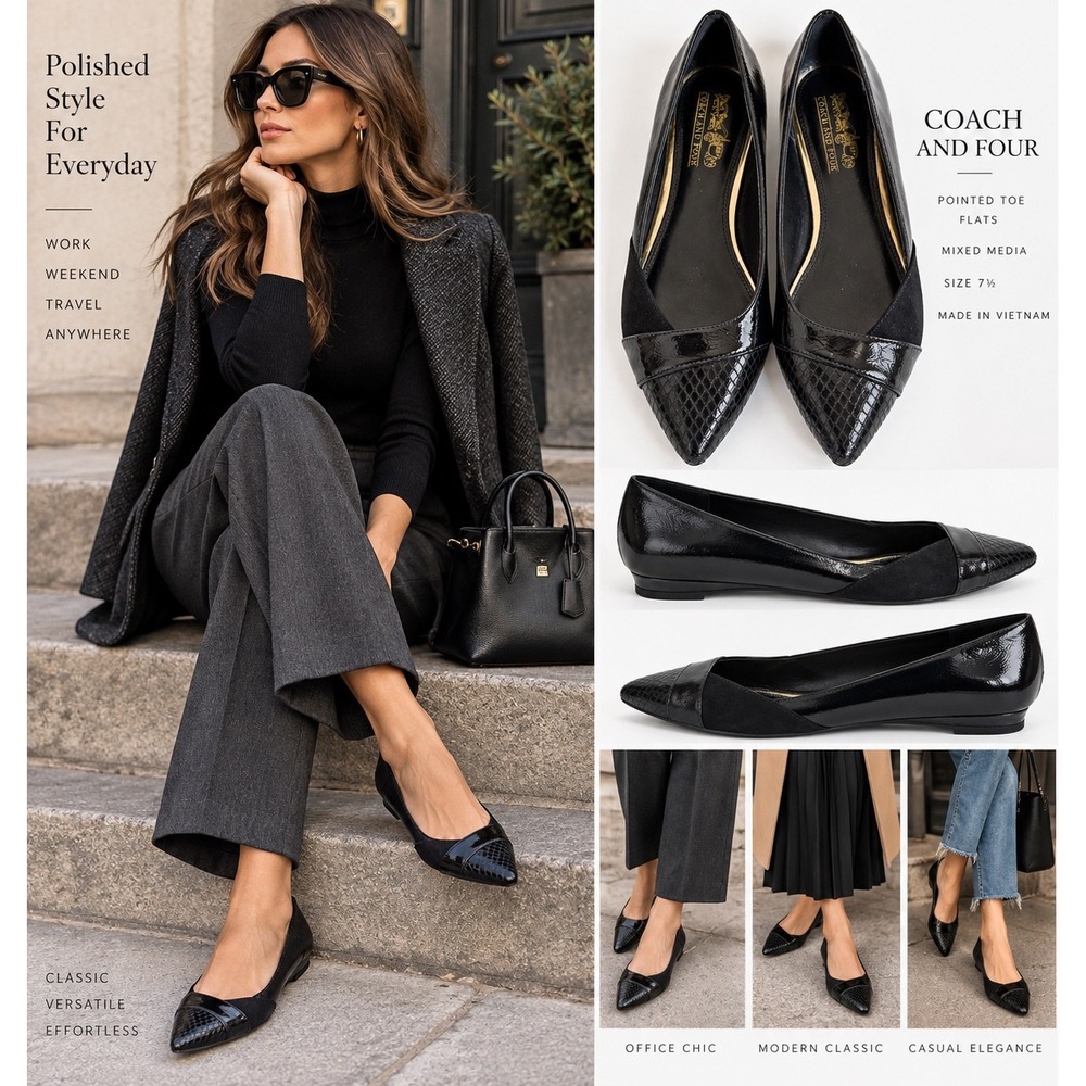 Coach and Four 7.5 Black Pointed Toe Flats Patent Snakeskin Office Siren